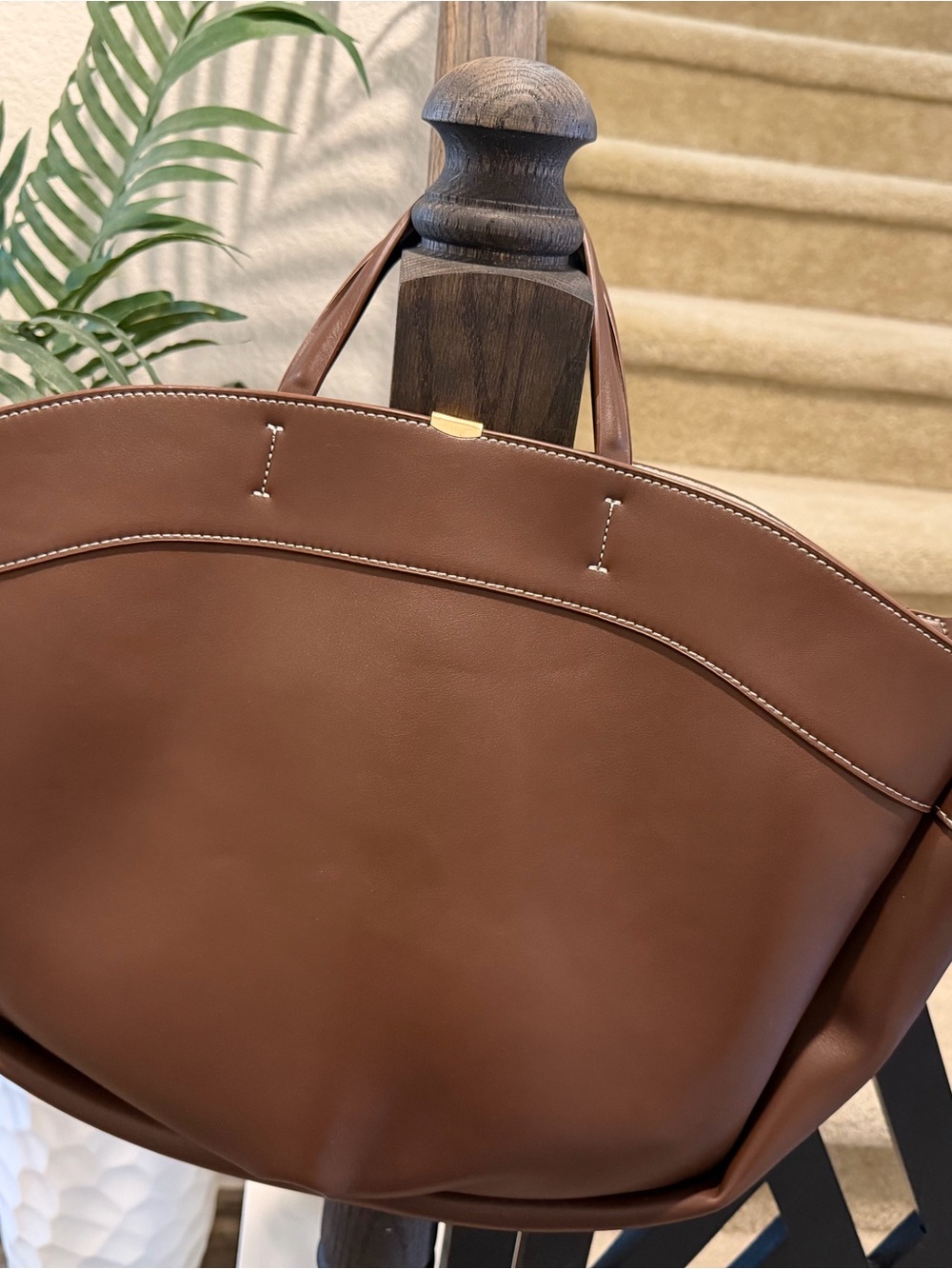 Anthropologie Brown Leather Tote with Cream Strap - Picture 3 of 4